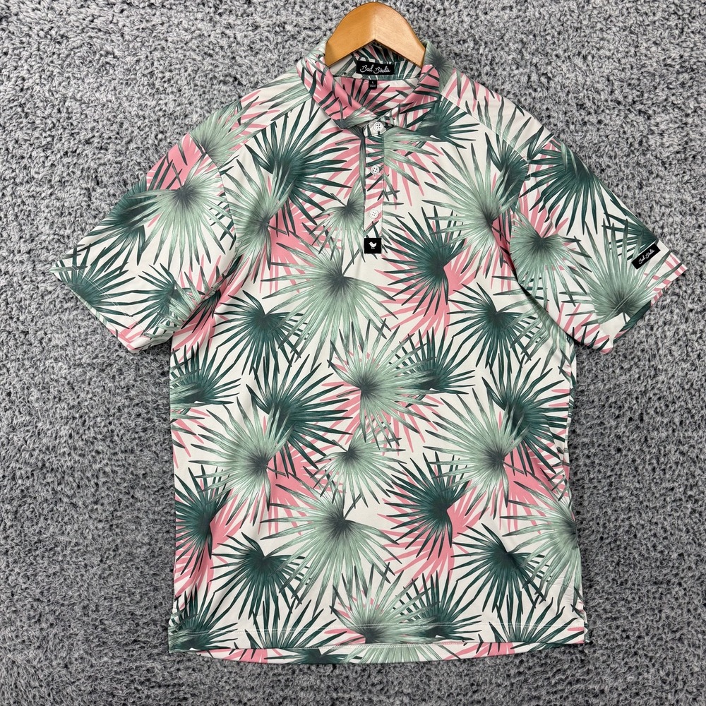 Bad Birdie Shirt Mens Large Palm Print Golf Polo Performance Stretch Tropical